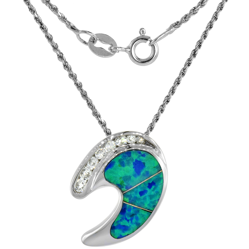 Sterling Silver Synthetic Opal C Shape Necklace for Women Cubic Zirconia Accent 11/16 inch
