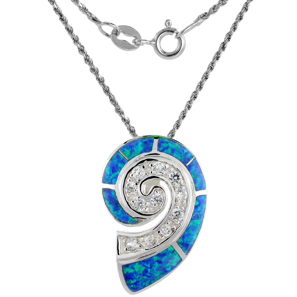 Sterling Silver Synthetic Opal Nautilus Shell Necklace for Women CZ Accent 1 inch high