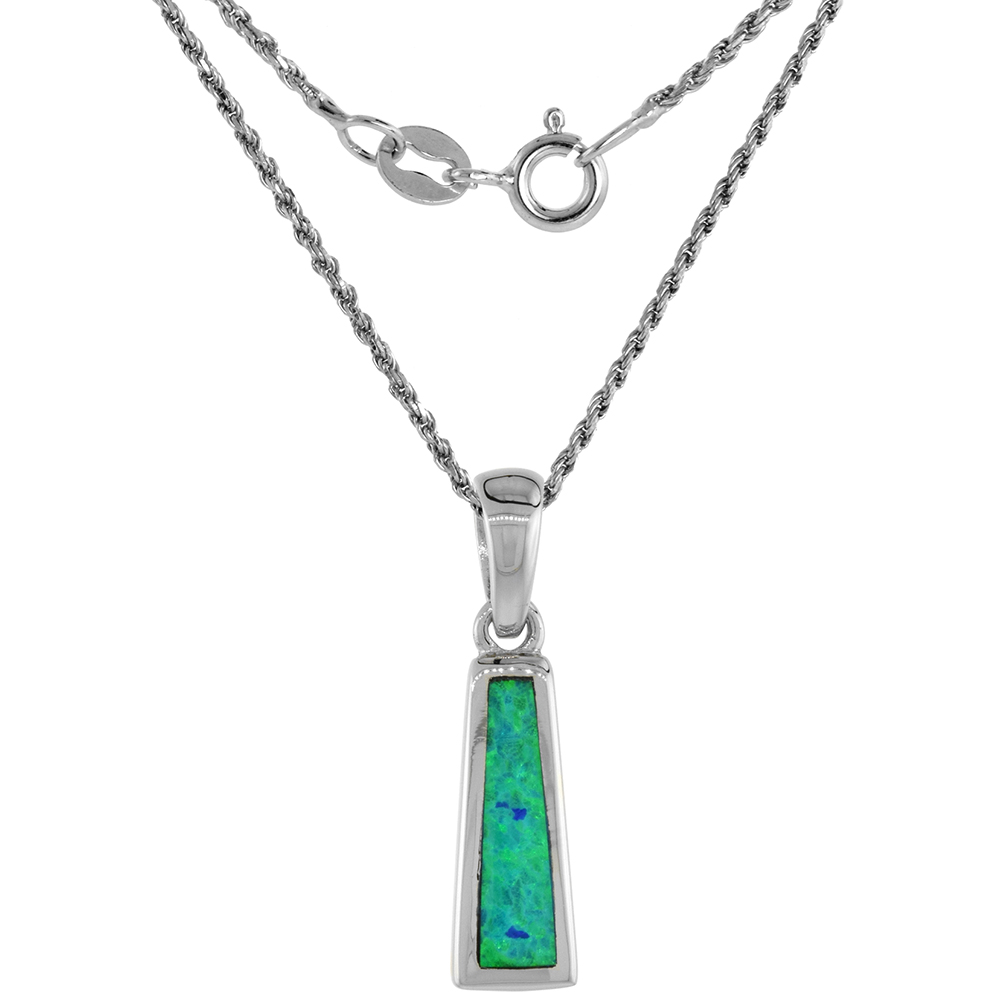 Sterling Silver Synthetic Opal Trapezoid Necklace for Women Hand Inlay 5/8 inch tall