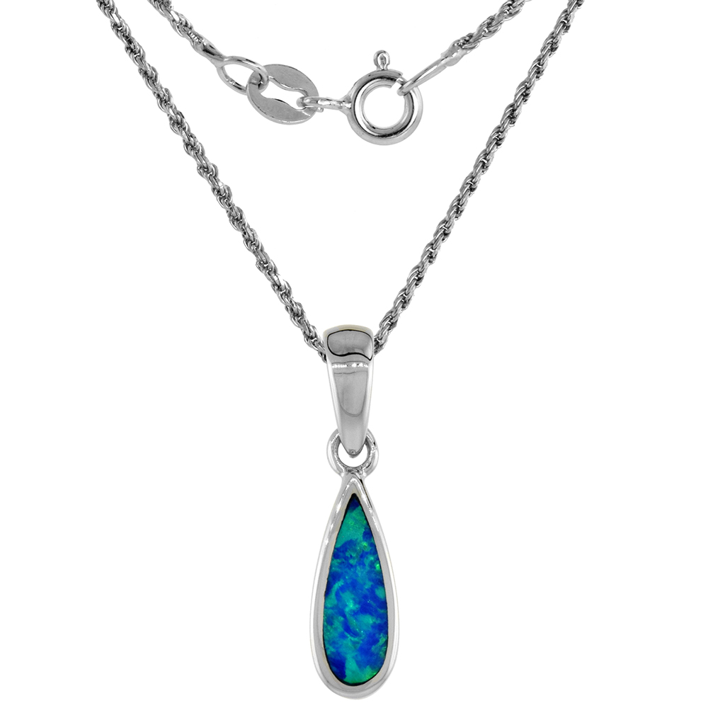 Sterling Silver Synthetic Opal Teardrop Necklace for Women Hand Inlay 5/8 inch tall