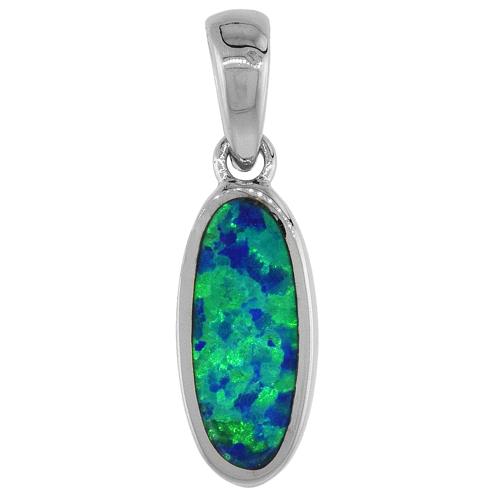 Sterling Silver Synthetic Opal Oval Shape Pendant for Women Hand Inlay 5/8 inch tall