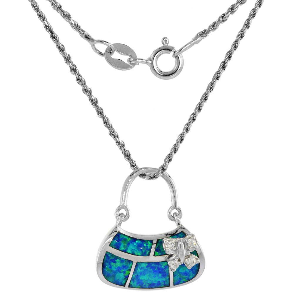 Sterling Silver Synthetic Opal Purse Necklace for Women Cubic Zirconia Accent 11/16 inch