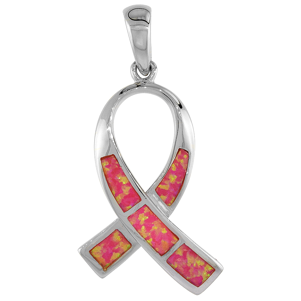 Sterling Silver Synthetic Opal Pink Breast Cancer Ribbon Pendant for Women Hand Inlay 7/8 inch tall