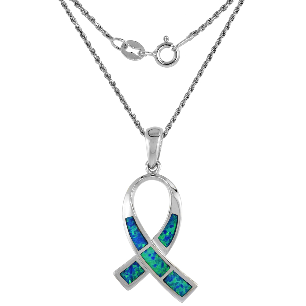 Sterling Silver Synthetic Opal Ribbon Necklace for Women available in Blue & Pink 7/8 inch Rope Chain