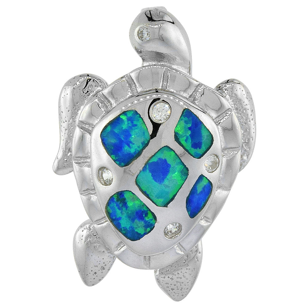 STERLING SILVER SYNTHETIC OPAL SEA TURTLE PENDANT FOR WOMEN HAND INLAY CUBIC ZIRCONIA ACCENT 1 INCH TALL