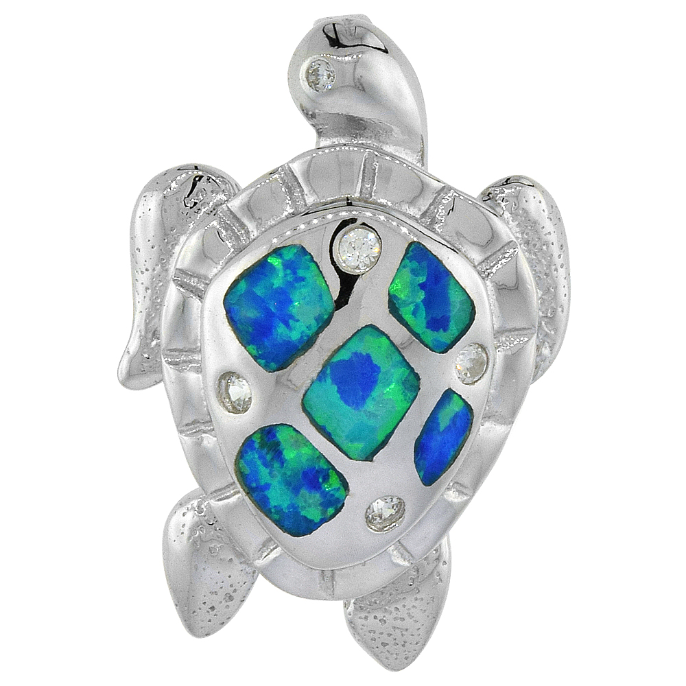 Sterling Silver Synthetic Opal Sea Turtle Pendant for Women Hand Inlay Cubic Zirconia Accent 1 inch tall