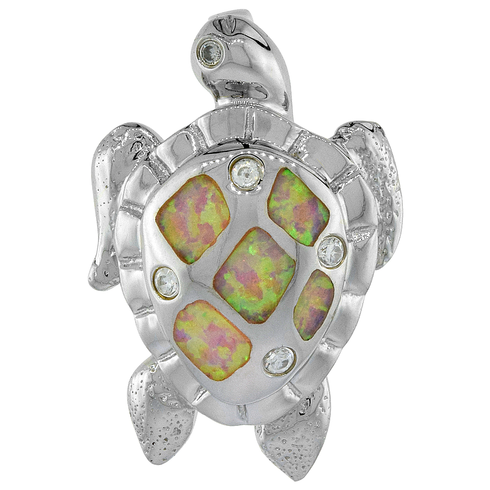 STERLING SILVER SYNTHETIC PINK OPAL SEA TURTLE PENDANT HAND INLAY CUBIC ZIRCONIA ACCENT 1 INCH TALL