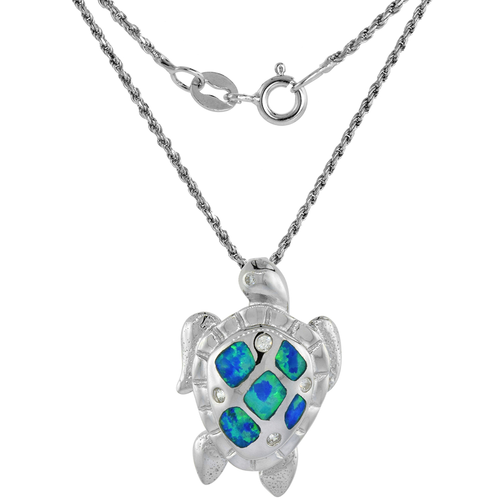 Sterling Silver Synthetic Opal Sea Turtle Necklace Cubic Zirconia Accent 1 inch Rope Chain