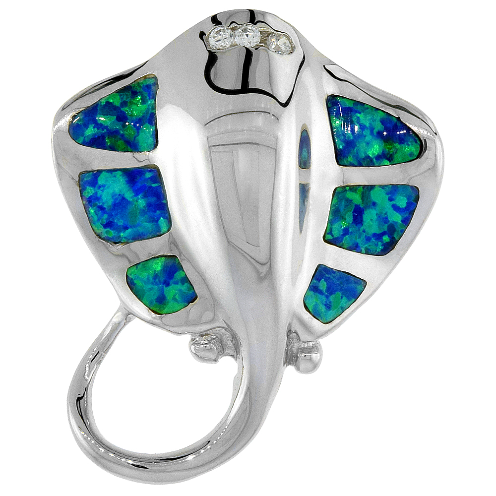 STERLING SILVER SYNTHETIC OPAL STINGRAY PENDANT HAND INLAY CUBIC ZIRCONIA ACCENT 1 1/8 INCH TALL