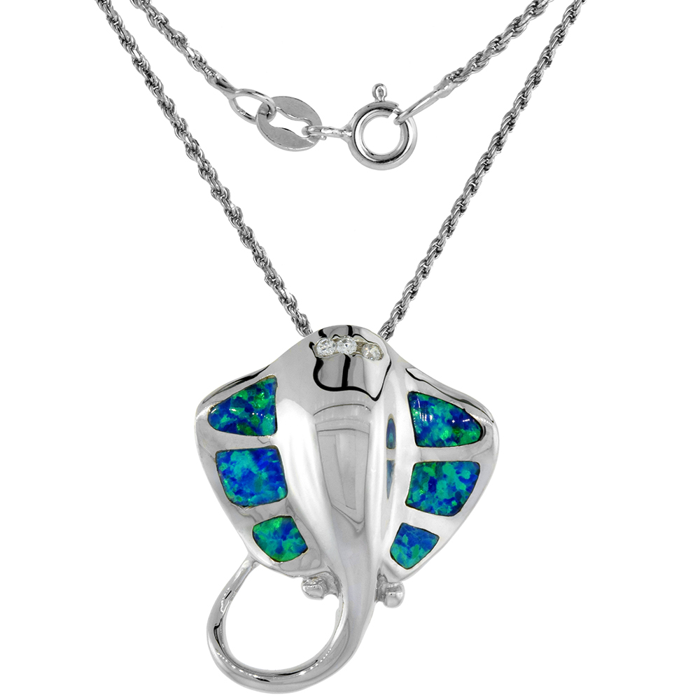Sterling Silver Synthetic Pink Opal Stingray Necklace Cubic Zirconia Accent 1 1/8 inch Rope Chain