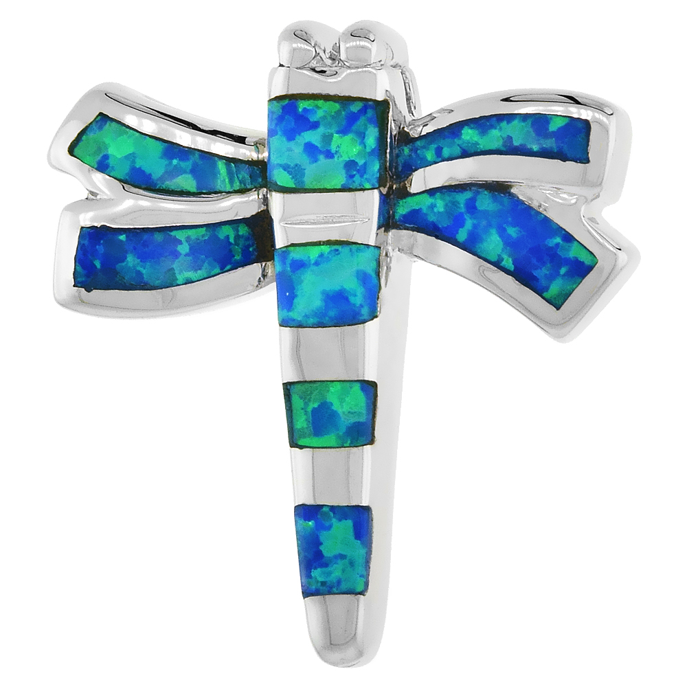 STERLING SILVER SYNTHETIC OPAL DRAGONFLY PENDANT FOR WOMEN HAND INLAY 1 INCH