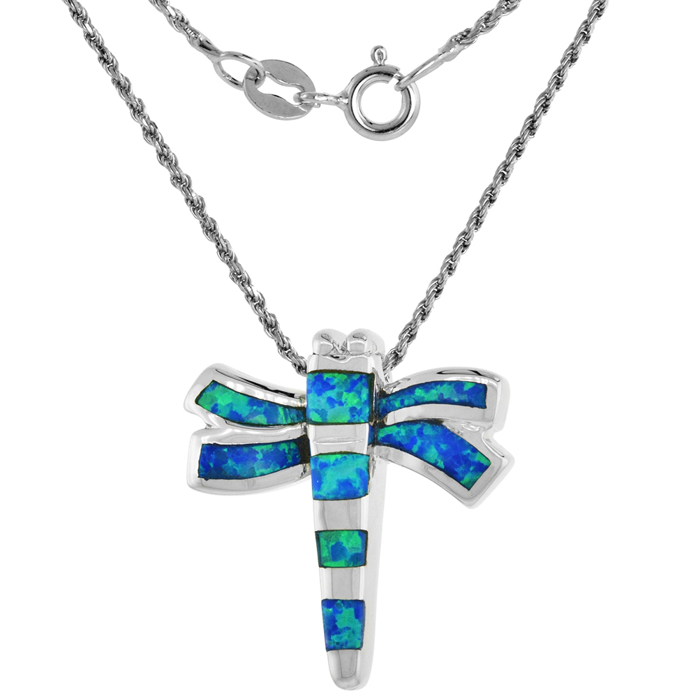 Sterling Silver Synthetic Opal Dragonfly Necklace for Women Hand Inlay 1 inch Rope Chain