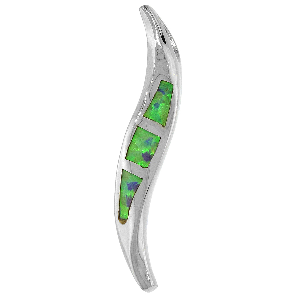 STERLING SILVER SYNTHETIC OPAL CURVY STICK PENDANT FOR WOMEN HAND INLAY 1 INCH TALL