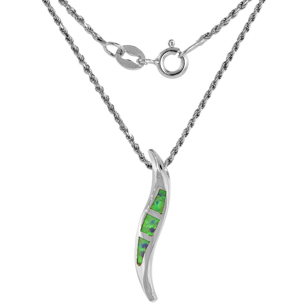 Sterling Silver Synthetic Opal Curvy Stick Necklace for Women Hand Inlay 1 inch Rope Chain