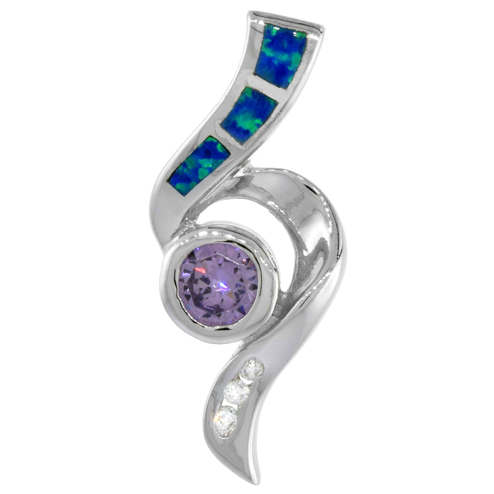Sterling Silver Synthetic Opal Pendant for Women Hand Inlay Amethyst CZ Cubic Zirconia Accent 1 1/8 inch