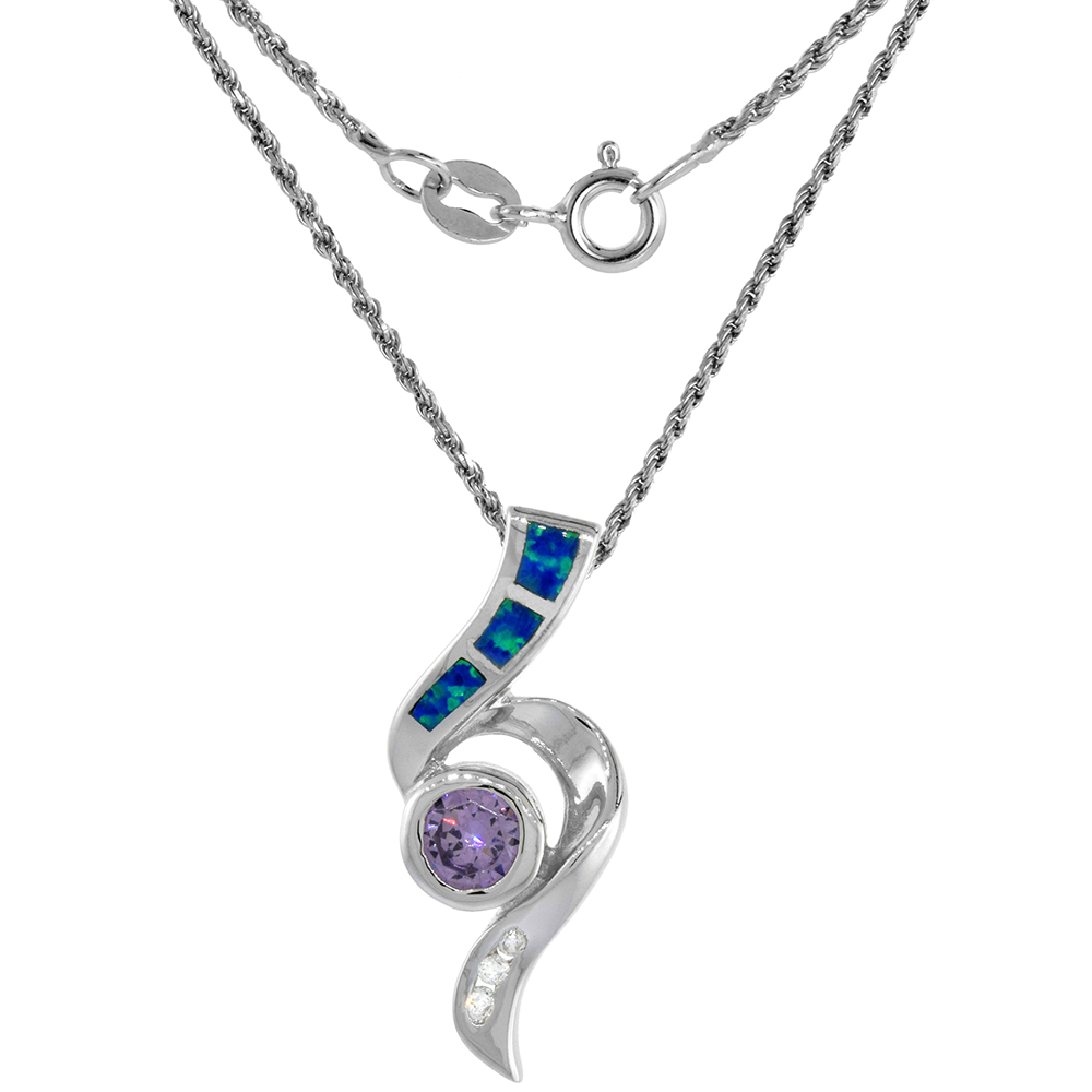Sterling Silver Synthetic Pink Opal Necklace Amethyst CZ Cubic Zirconia Accent 1 1/8 inch Rope Chain