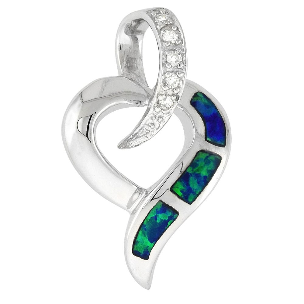 STERLING SILVER SYNTHETIC OPAL OPEN HEART PENDANT FOR WOMEN HAND INLAY CUBIC ZIRCONIA ACCENT 1 INCH TALL