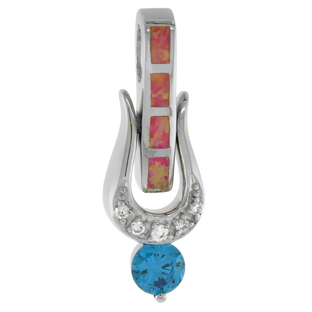 STERLING SILVER SYNTHETIC PINK OPAL HORSESHOE PENDANT FOR WOMEN 5MM AMETHYST CZ HAND INLAY 1 INCH TALL