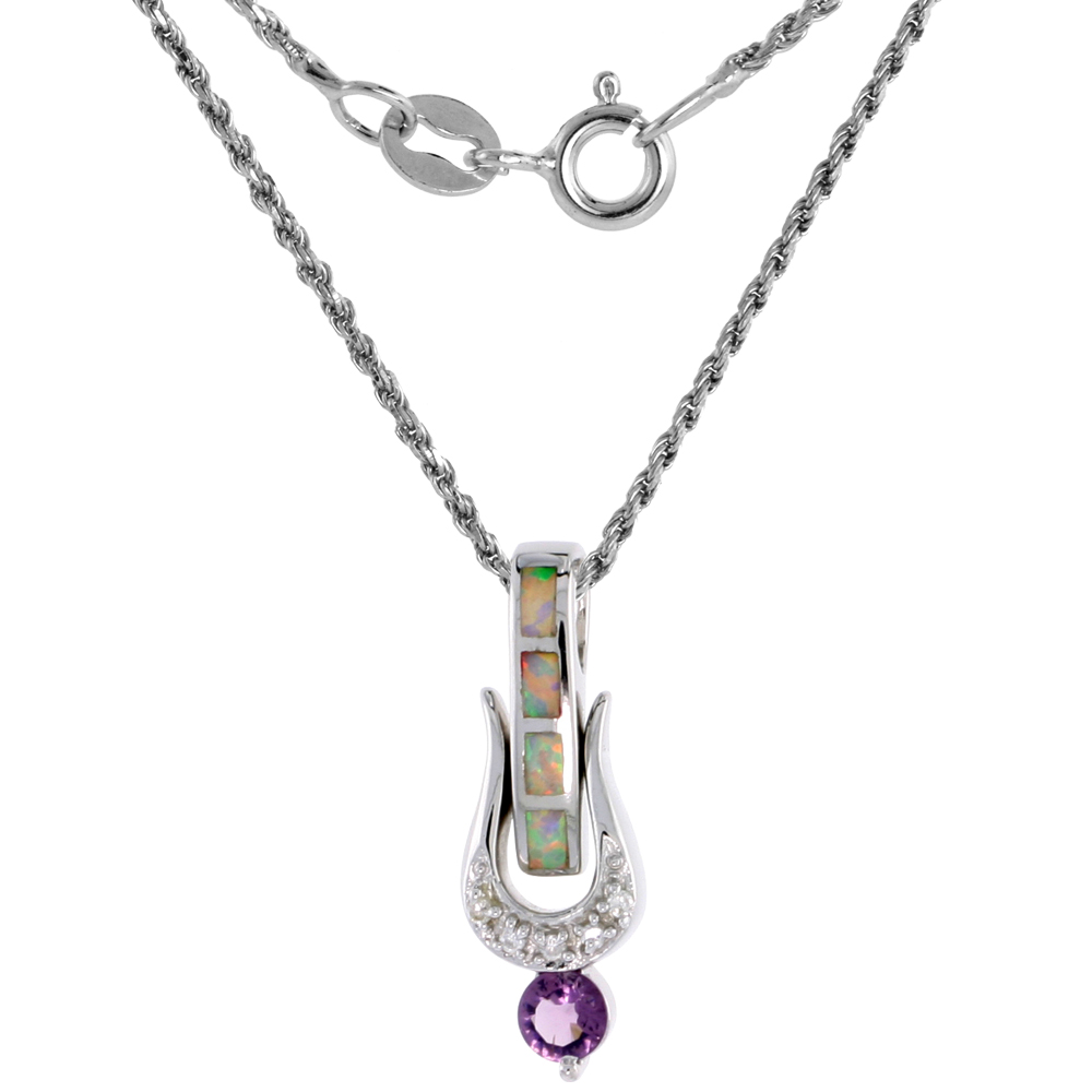 Sterling Silver Synthetic Pink Opal Horseshoe Necklace Women Amethyst CZ 5mm 1 inch Rope Chain