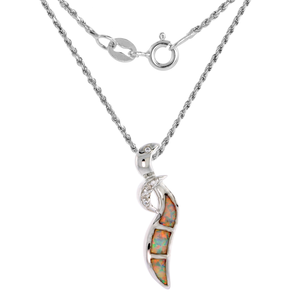 Sterling Silver Synthetic Opal Stick Necklace for Women Cubic Zirconia Accent 1 1/8 inch Rope Chain