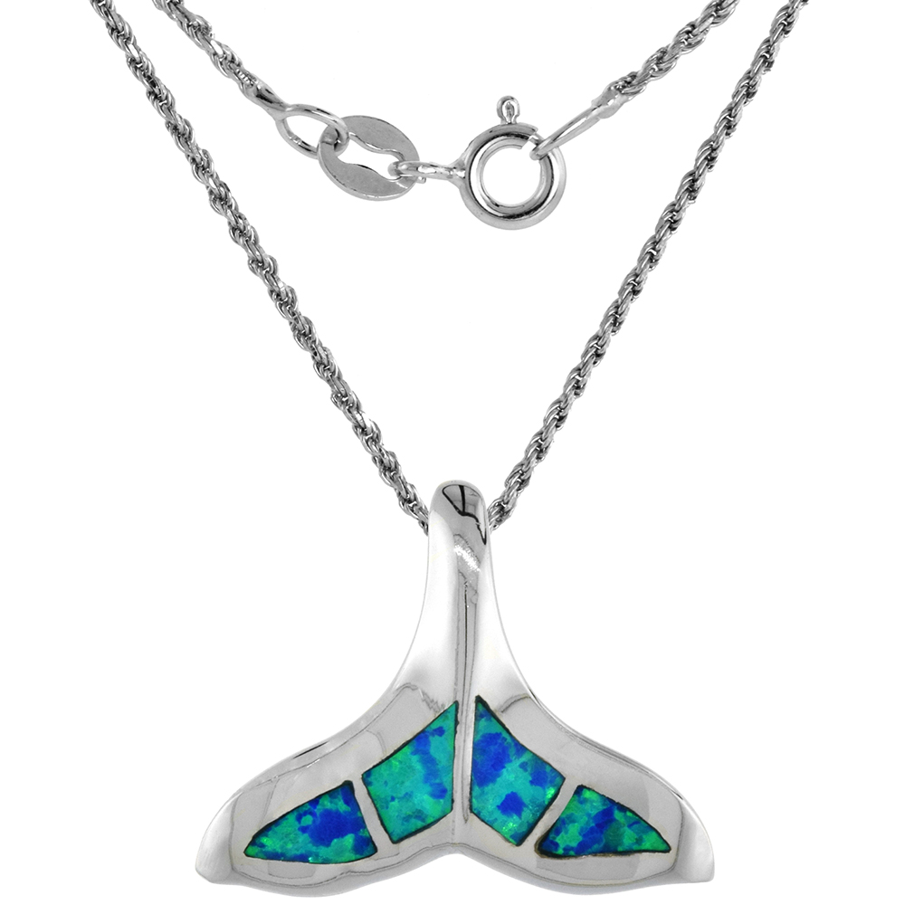 Small Sterling Silver Synthetic Opal Whale Tail Necklace for Women Inlay 7/8 inch wide Rope Chain
