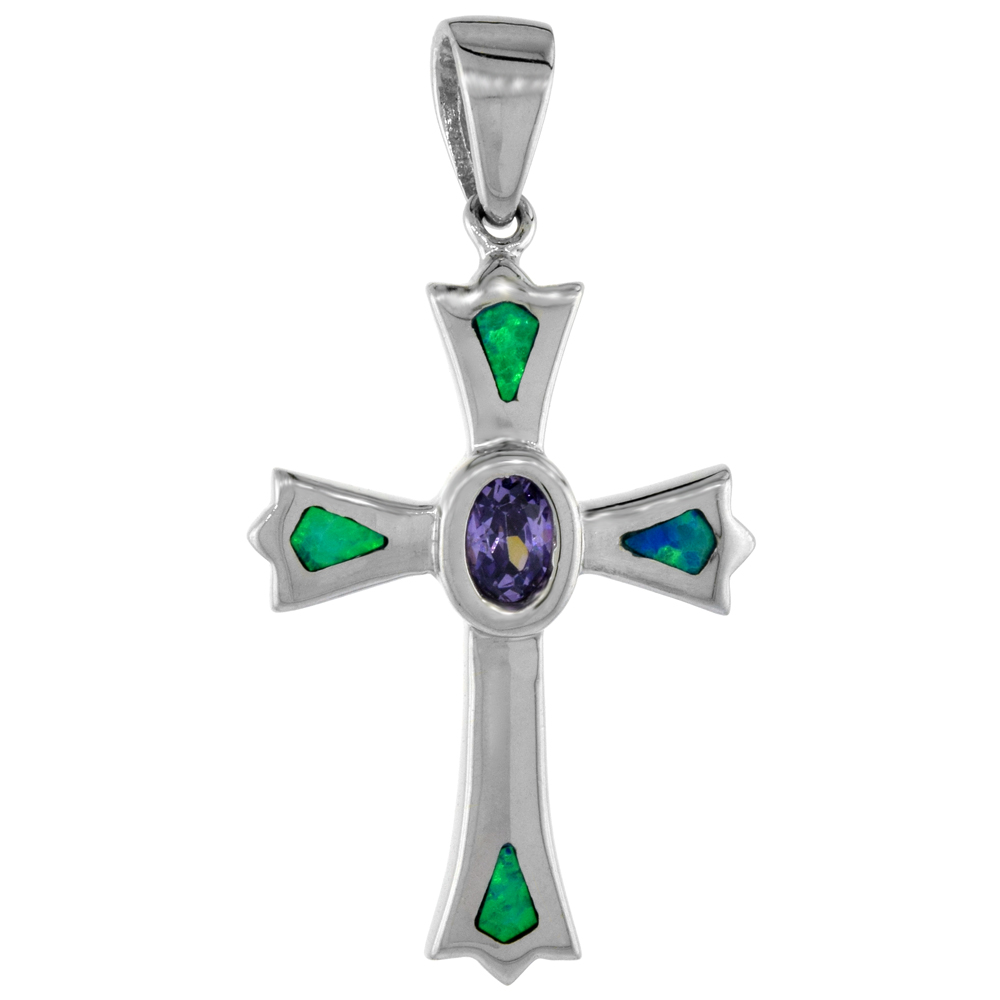 STERLING SILVER SYNTHETIC OPAL FLEURY CROSS PENDANT HAND INLAY OVAL AMETHYST CZ CENTER 1 1/8 INCH TALL