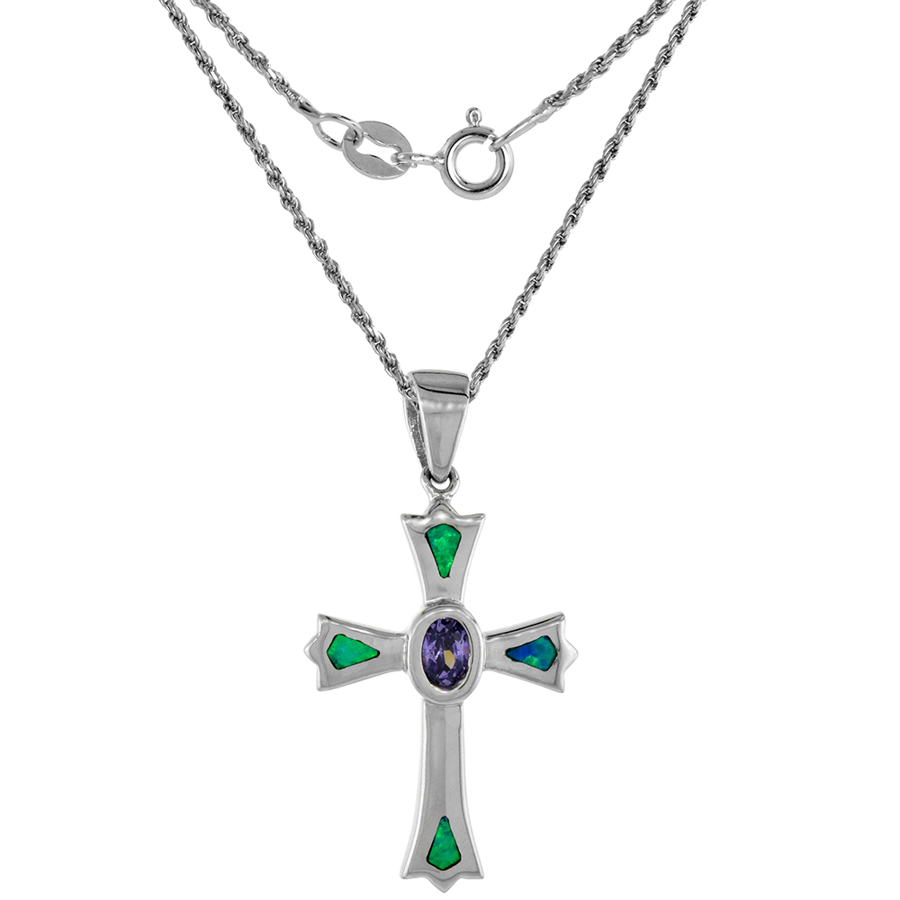 Sterling Silver Lab Opal Fleury Cross Necklace in Blue &amp; Pink Oval Amethyst CZ 1 1/8 inch Rope Chain