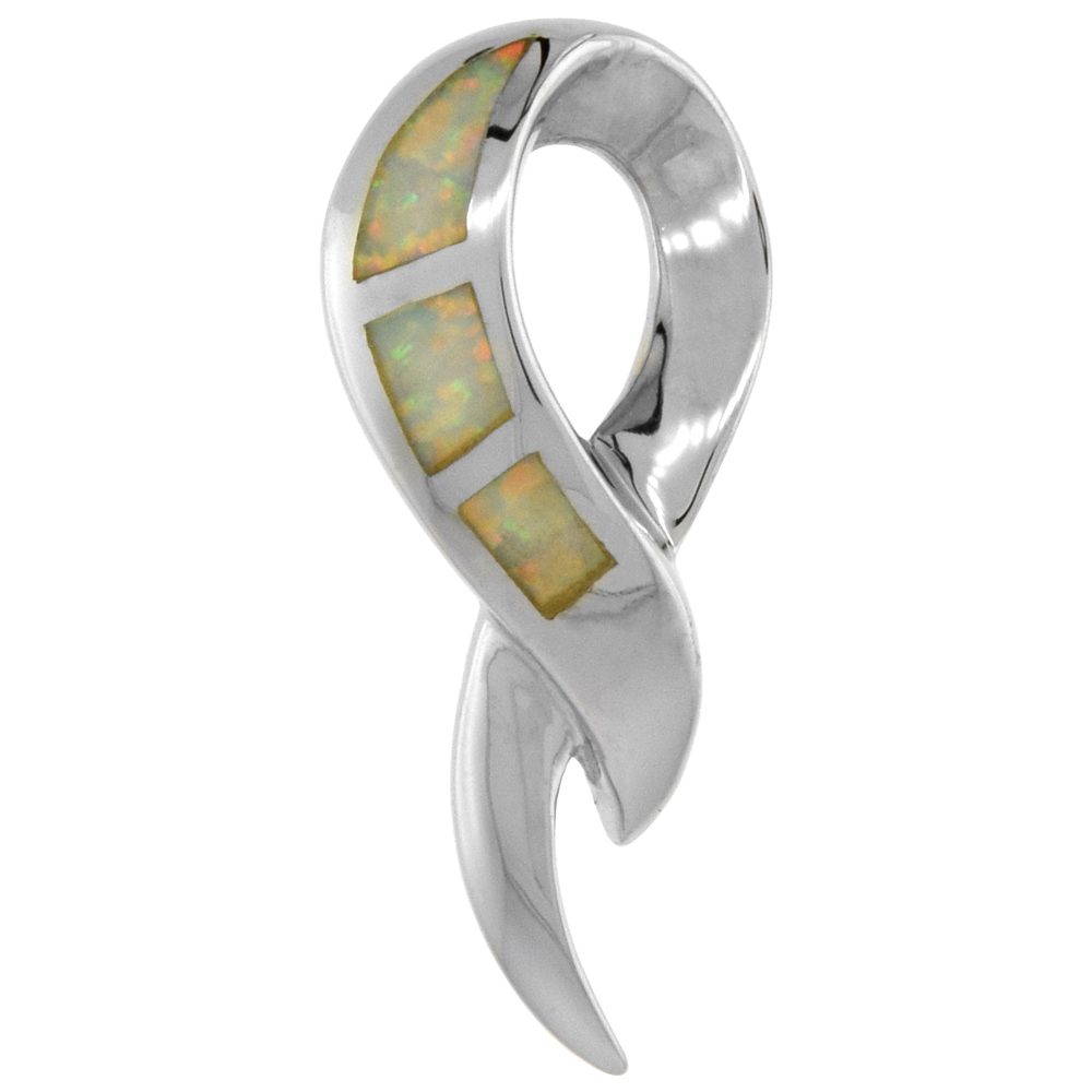 STERLING SILVER SYNTHETIC OPAL RIBBON PENDANT FOR WOMEN HAND INLAY 1 INCH TALL