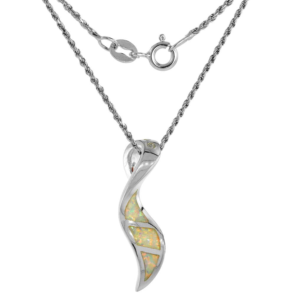 Sterling Silver Synthetic Opal Leaf Necklace for Women Hand Inlay 1 1/8 inch ROPH_25
