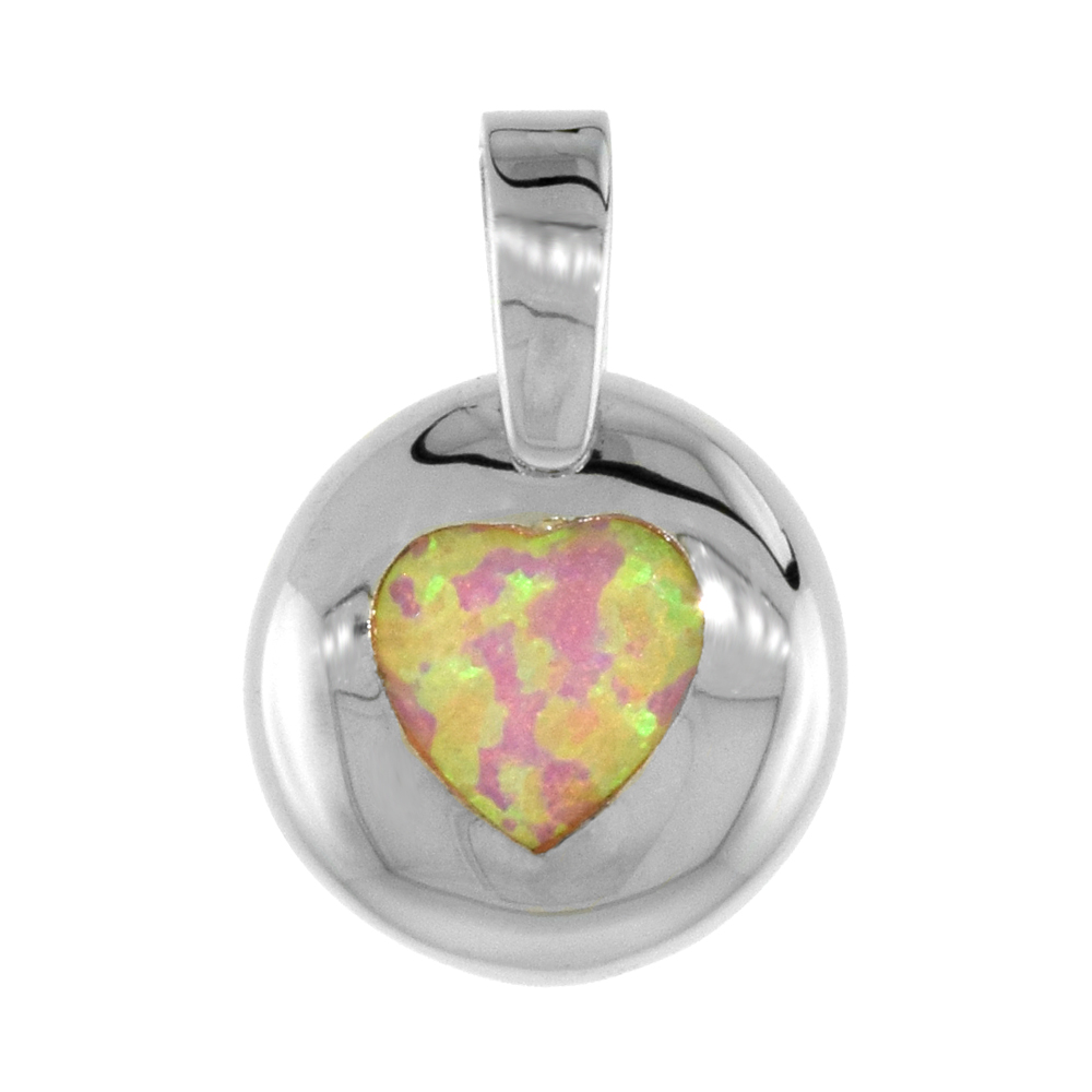 STERLING SILVER SYNTHETIC PINK OPAL HEART PENDANT FOR WOMEN HAND INLAY 1/2 INCH DIAMETER