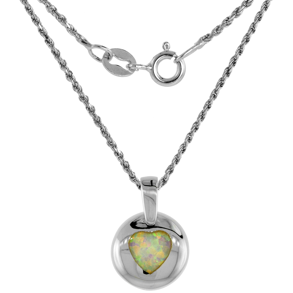 Sterling Silver Synthetic Opal Heart Necklace for Women Hand Inlay 1/2 inch Diameter ROPH_25