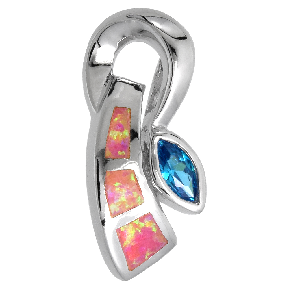 STERLING SILVER SYNTHETIC PINK OPAL BLUE TOPAZ CZ PENDANT FOR WOMEN HAND INLAY CENTER 7/8 INCH TALL
