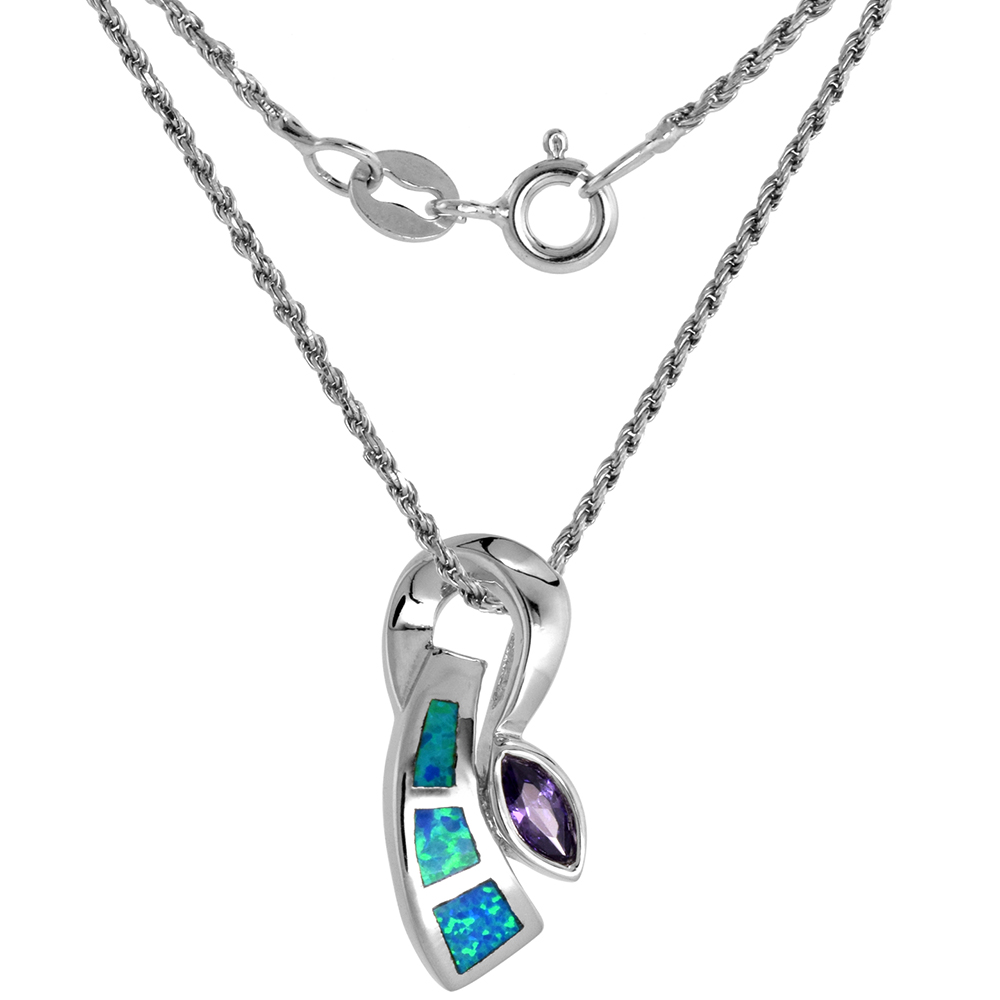 Sterling Silver Synthetic Pink Opal Blue Topaz CZ Necklace for Women Center 7/8 inch ROPH_25