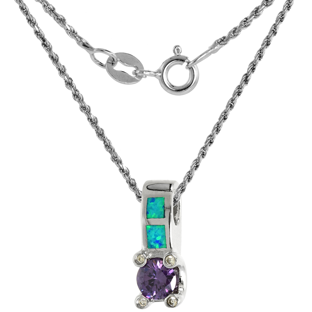 Sterling Silver Synthetic Pink Opal Drop Necklace for Women 7mm Blue Topaz CZ 3/4 inch ROPH_25