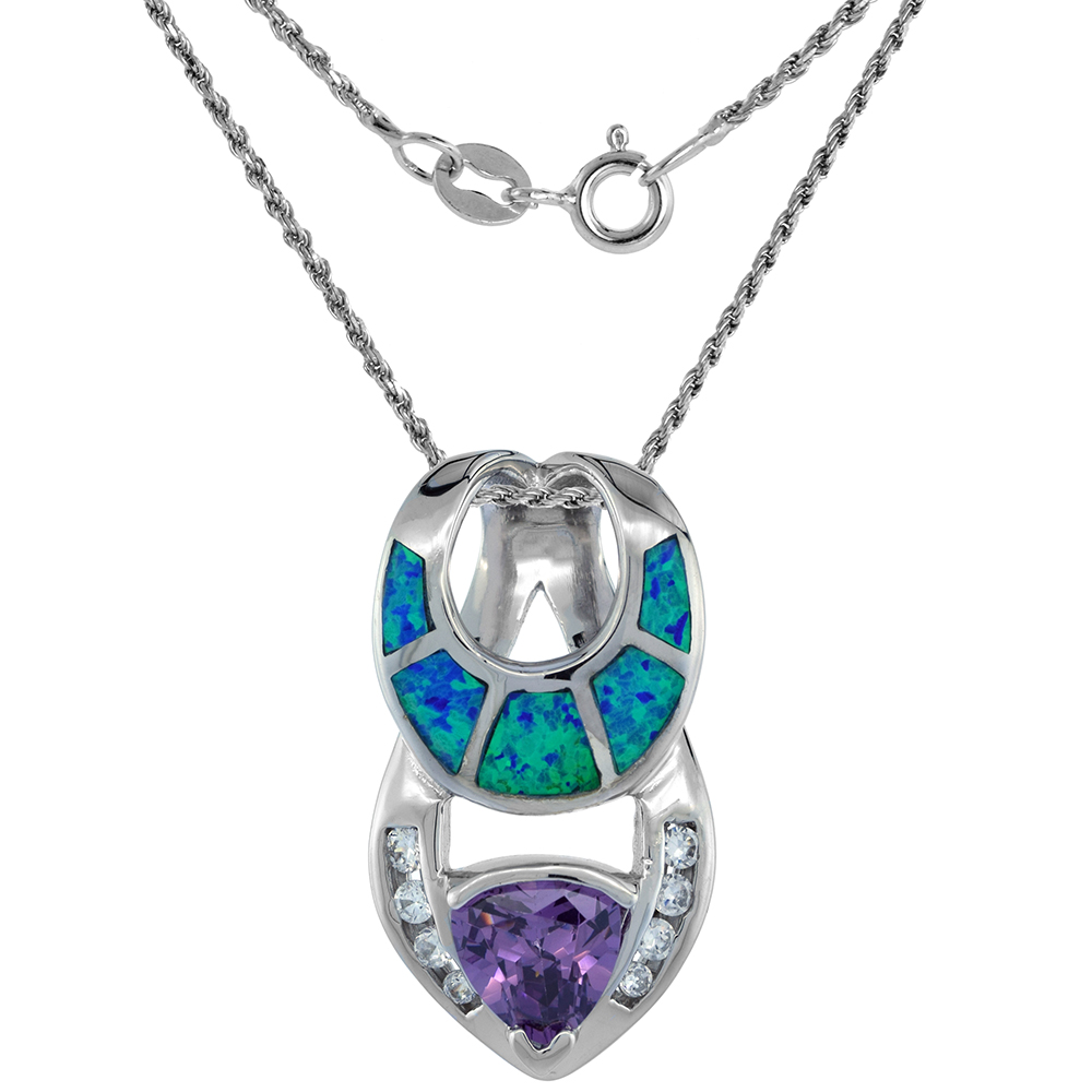 Sterling Silver Synthetic Opal Horseshoe Slide Necklace for Women 7mm Amethyst CZ ROPH_25