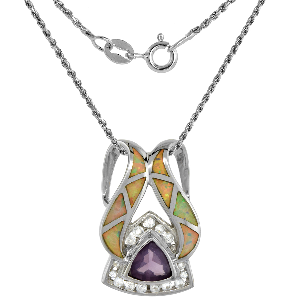 Sterling Silver Synthetic Opal Necklace for Women Amethyst CZ 8 mm Trillium 1 1/8 inch ROPH_25