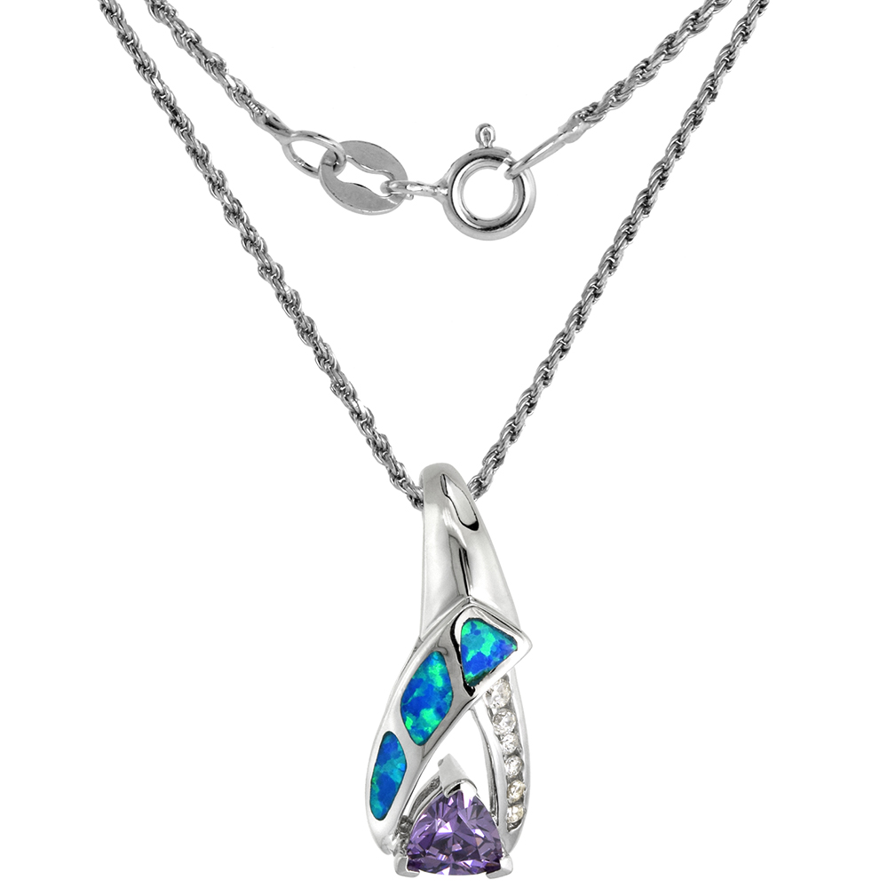 Sterling Silver Synthetic Pink Opal Blue Topaz CZ Necklace for Women 7 mm Trillium 1 inch ROPH_25
