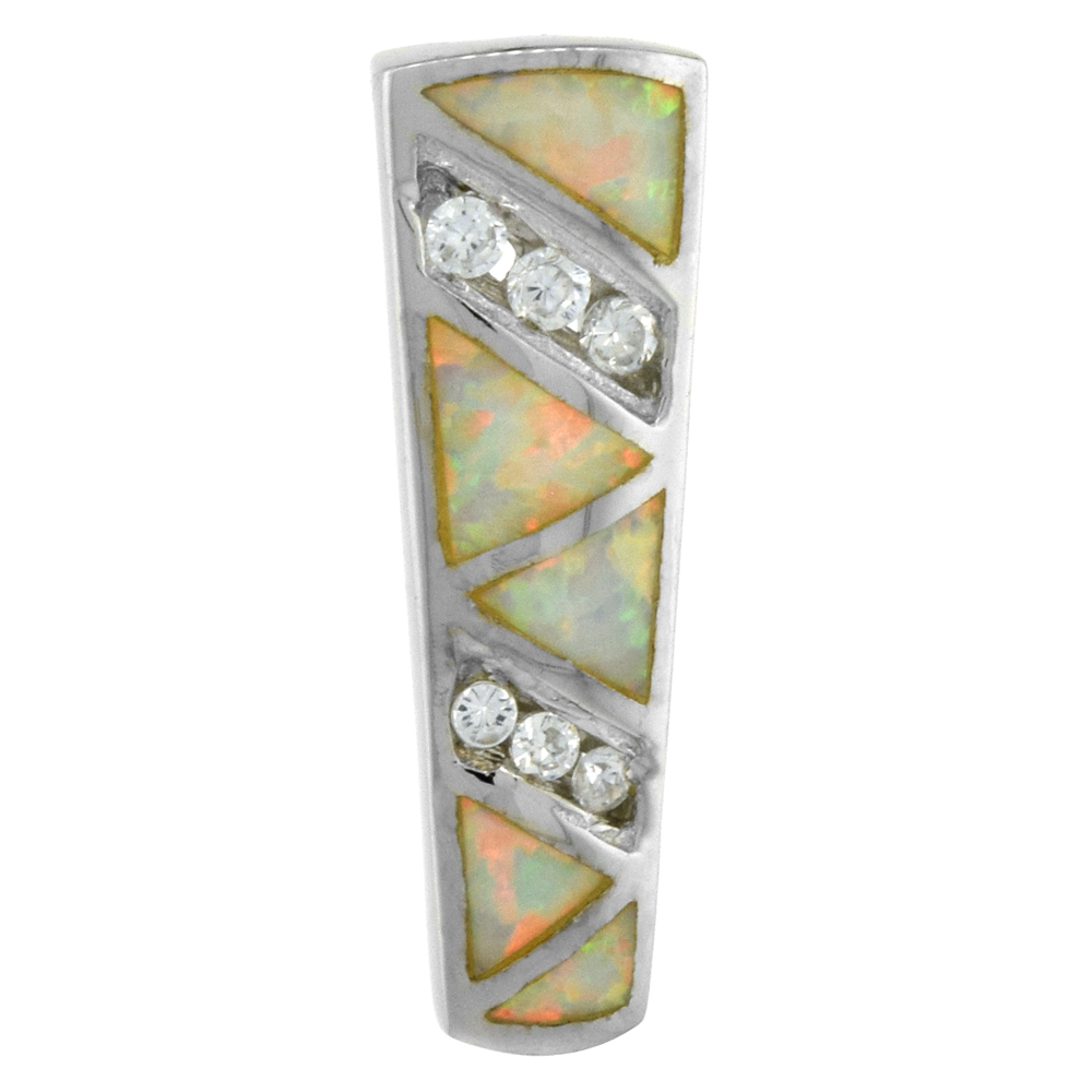STERLING SILVER SYNTHETIC OPAL TRAPEZOID PENDANT FOR WOMEN HAND INLAY CUBIC ZIRCONIA ACCENT 7/8 INCH TALL