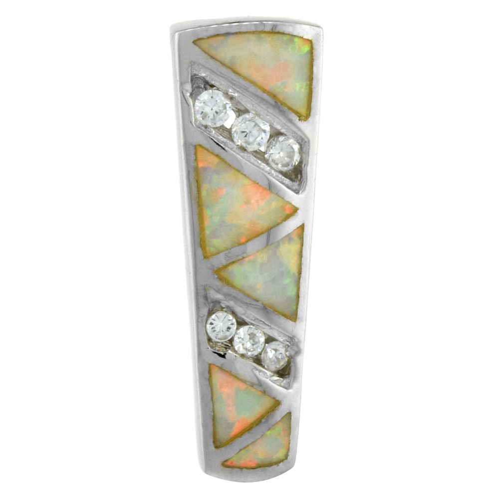 Sterling Silver Synthetic Opal Trapezoid Pendant for Women Hand Inlay Cubic Zirconia Accent 7/8 inch tall