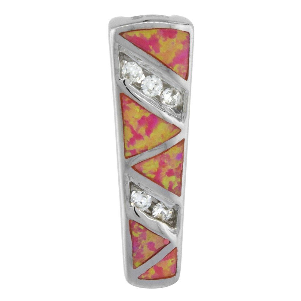 STERLING SILVER SYNTHETIC PINK OPAL TRAPEZOID PENDANT HAND INLAY CUBIC ZIRCONIA ACCENT 7/8 INCH TALL