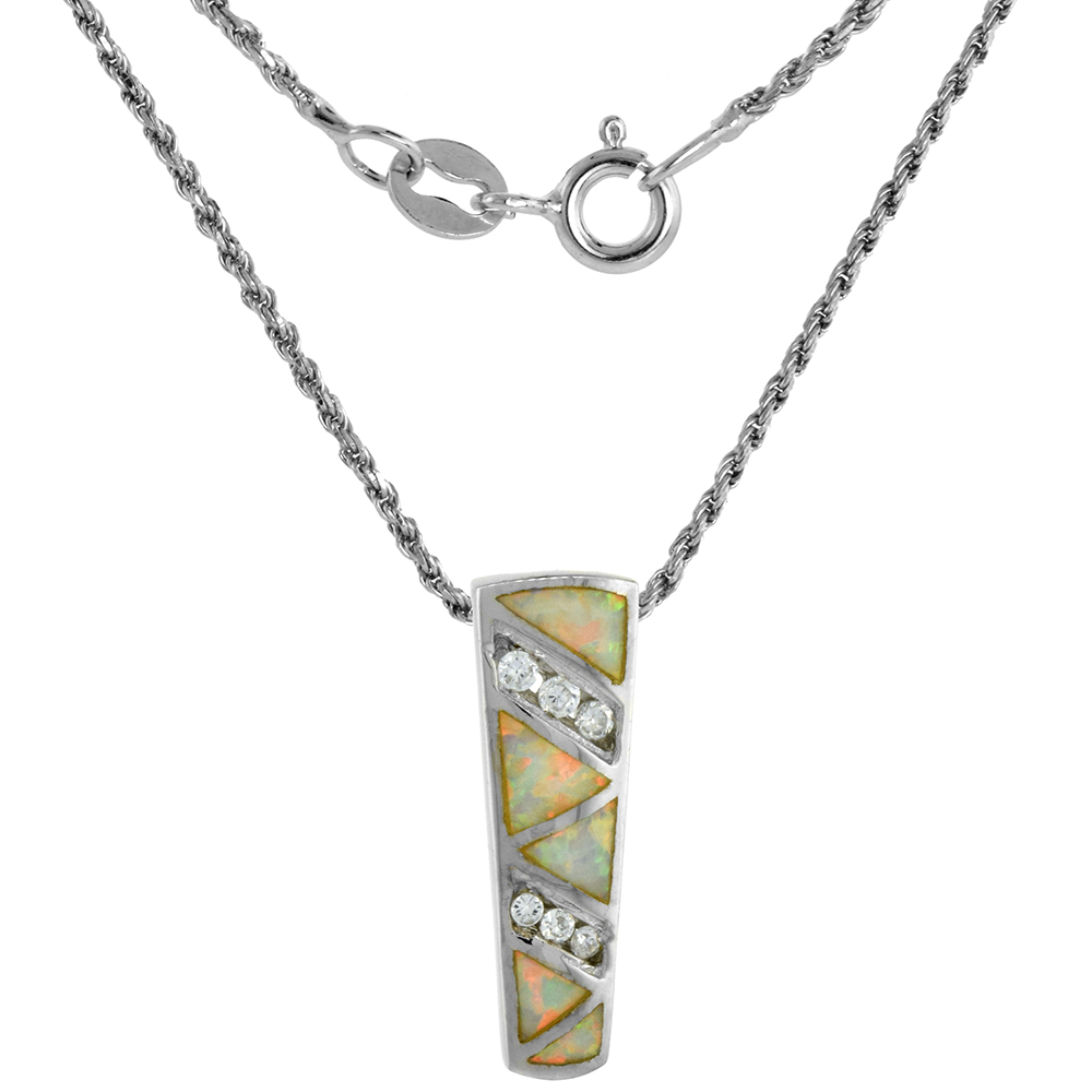 Sterling Silver Synthetic Pink Opal Trapezoid Necklace Cubic Zirconia Accent 7/8 inch ROPH_25