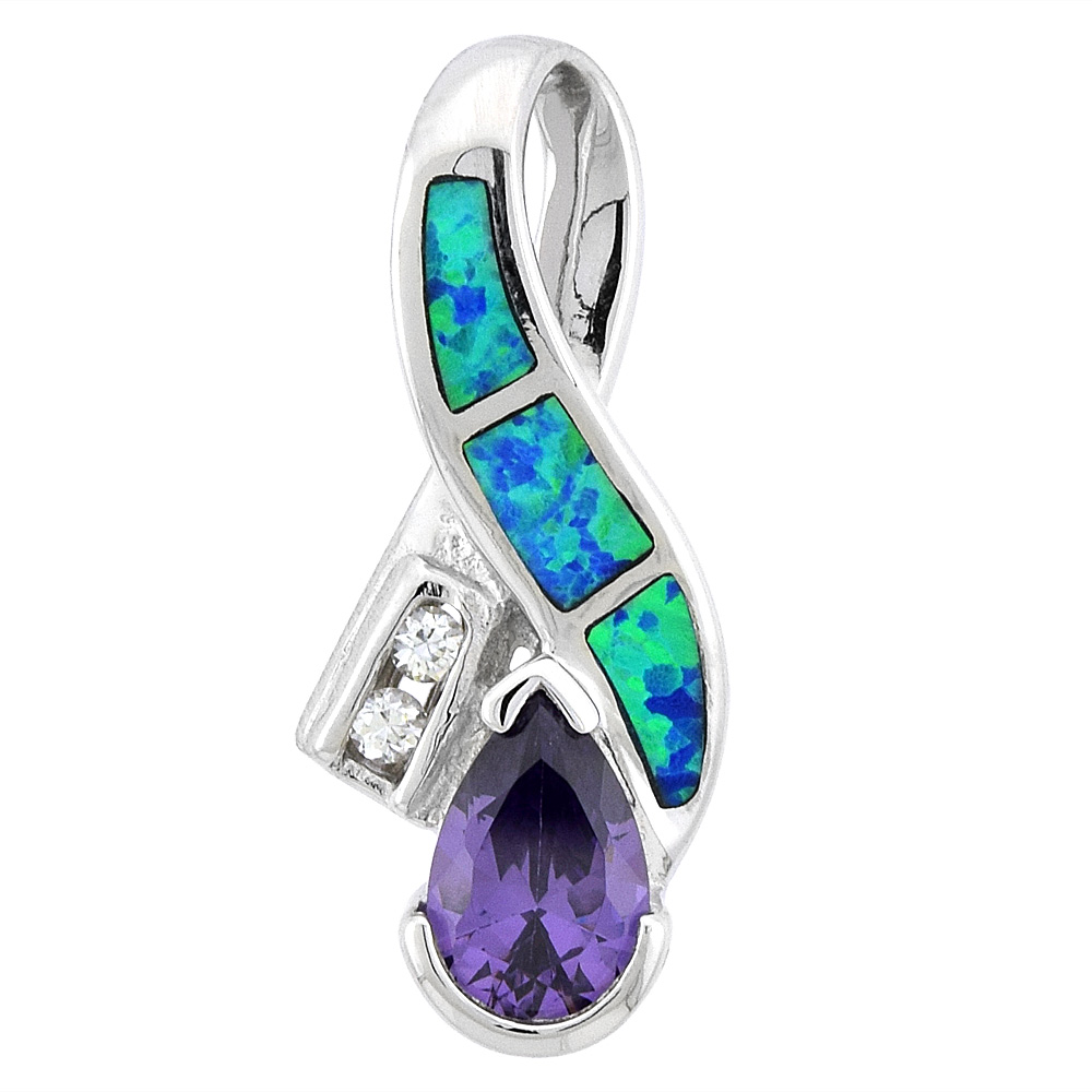 Sterling Silver Synthetic Opal Ribbon Pendant for Women Hand Inlay Amethyst CZ 8x6 mm Center 1 inch tall
