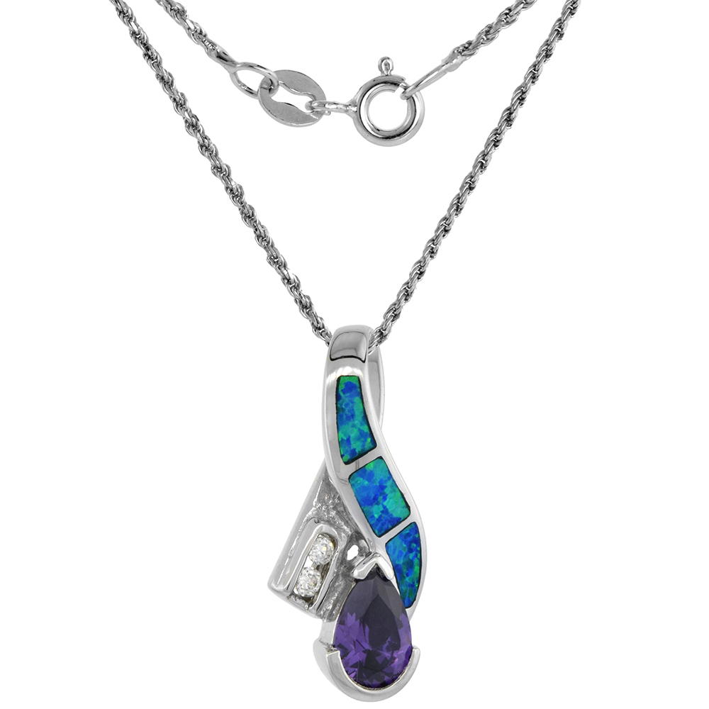 Sterling Silver Synthetic Opal Ribbon Necklace for Women Amethyst CZ 8x6 mm Center 1 inch ROPH_25