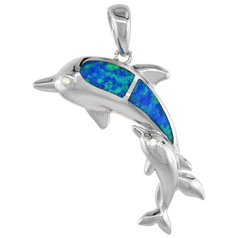 Sterling Silver Synthetic Opal Mother & Baby Dolphin Pendant Hand Inlay Cubic Zirconia Accent 1 1/8 inch