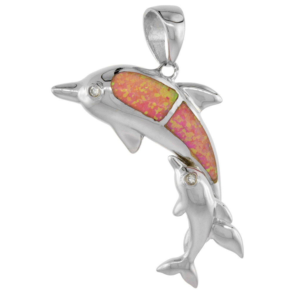 STERLING SILVER SYNTHETIC PINK OPAL MOTHER DOLPHIN PENDANT CUBIC ZIRCONIA ACCENT 1 1/8 INCH