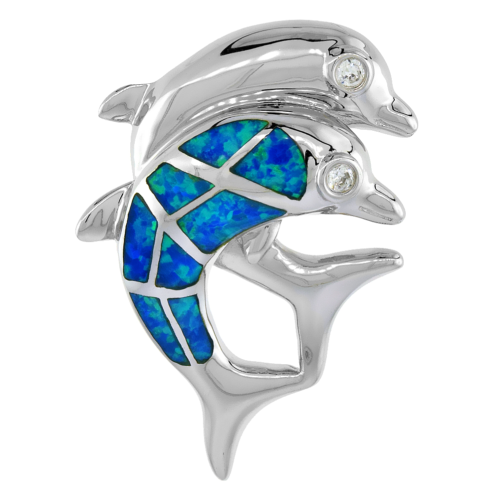 STERLING SILVER SYNTHETIC OPAL DOUBLE DOLPHIN PENDANT FOR WOMEN HAND INLAY & CZ STONES 1 3/16 INCH TALL