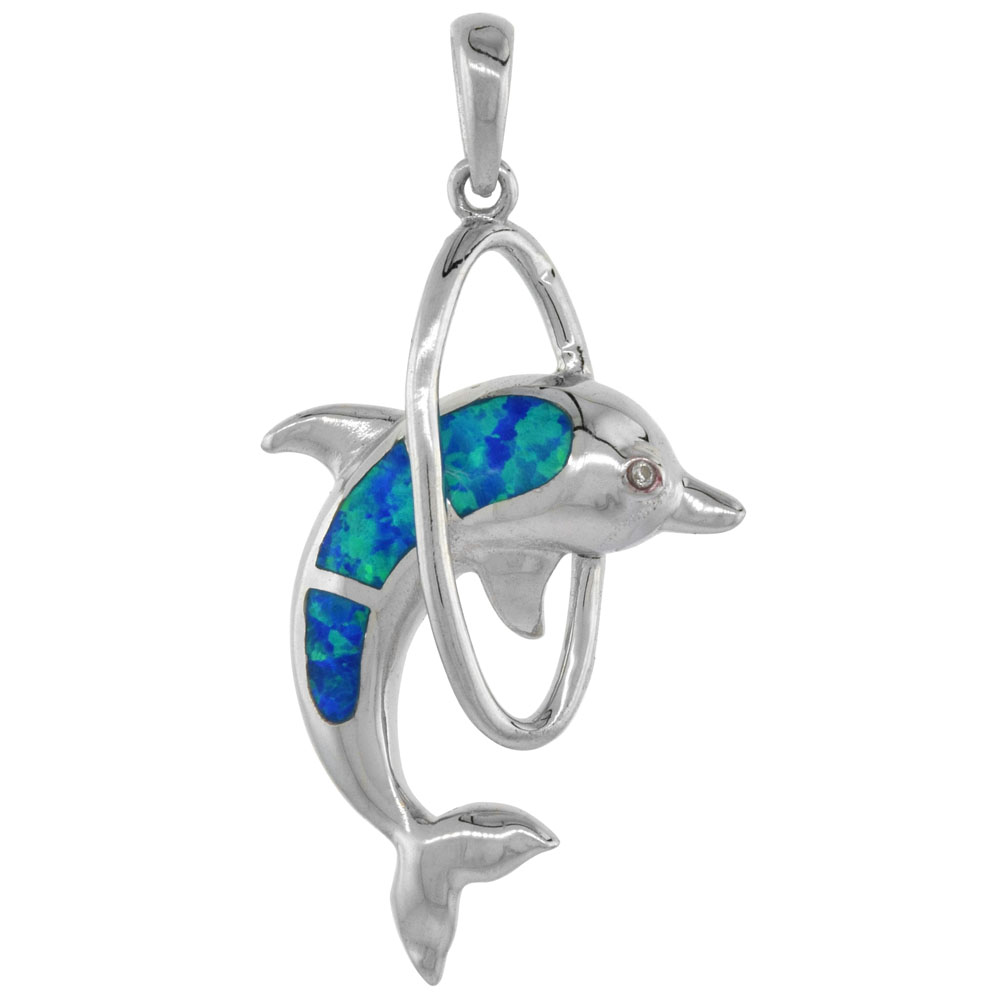 STERLING SILVER SYNTHETIC OPAL DOLPHIN IN LOOP PENDANT HAND INLAY CUBIC ZIRCONIA ACCENT 1 3/8 INCH TALL