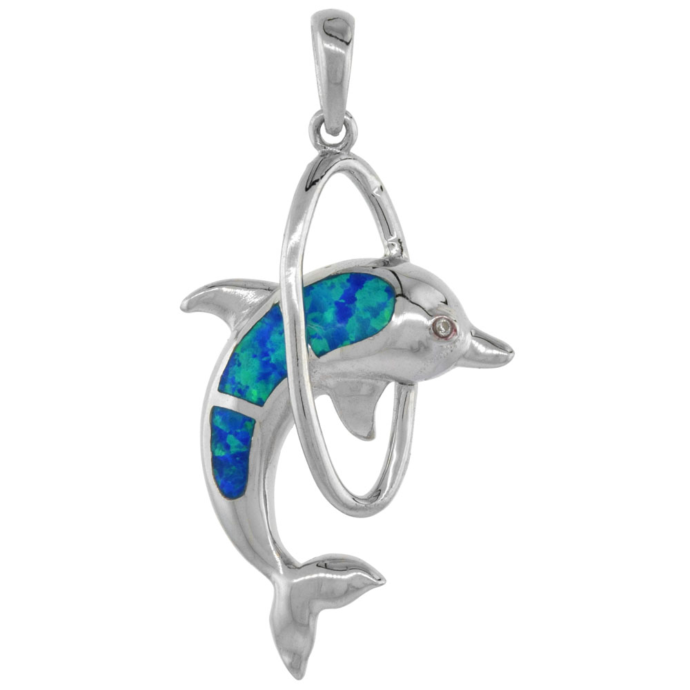 Sterling Silver Synthetic Opal Dolphin in Loop Pendant Hand Inlay Cubic Zirconia Accent 1 3/8 inch tall