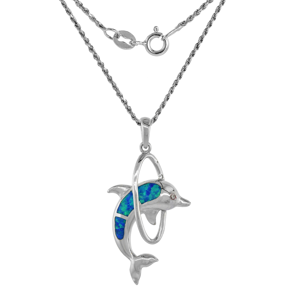 Sterling Silver Synthetic Opal Dolphin in Loop Necklace Cubic Zirconia Accent 1 3/8 inch ROPH_25