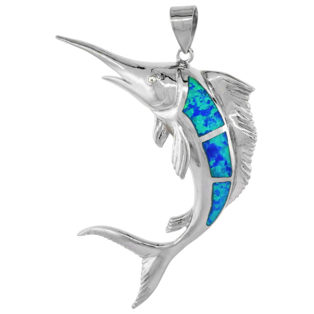 STERLING SILVER SYNTHETIC OPAL MARLIN FISH PENDANT HAND INLAY CUBIC ZIRCONIA ACCENT 1 7/8 INCH TALL